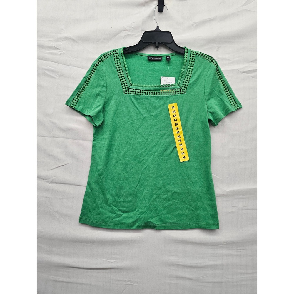 Rafaella Womens Crochet Square Neck T Shirt Green Cotton Casual Size Medium